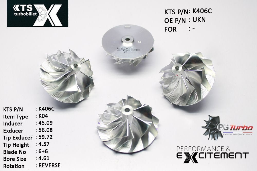 Turbo ROUE FORGÉE MFS PERFORMANCE - 6+6 PALES - INDUCER : 45,09 - EXDUCER : 56,08 - TYPE : K04ANGLE : 50° - ROTATION : Reverse - SUPER BACK : 1,8 - BORE SIZE : 4,61
